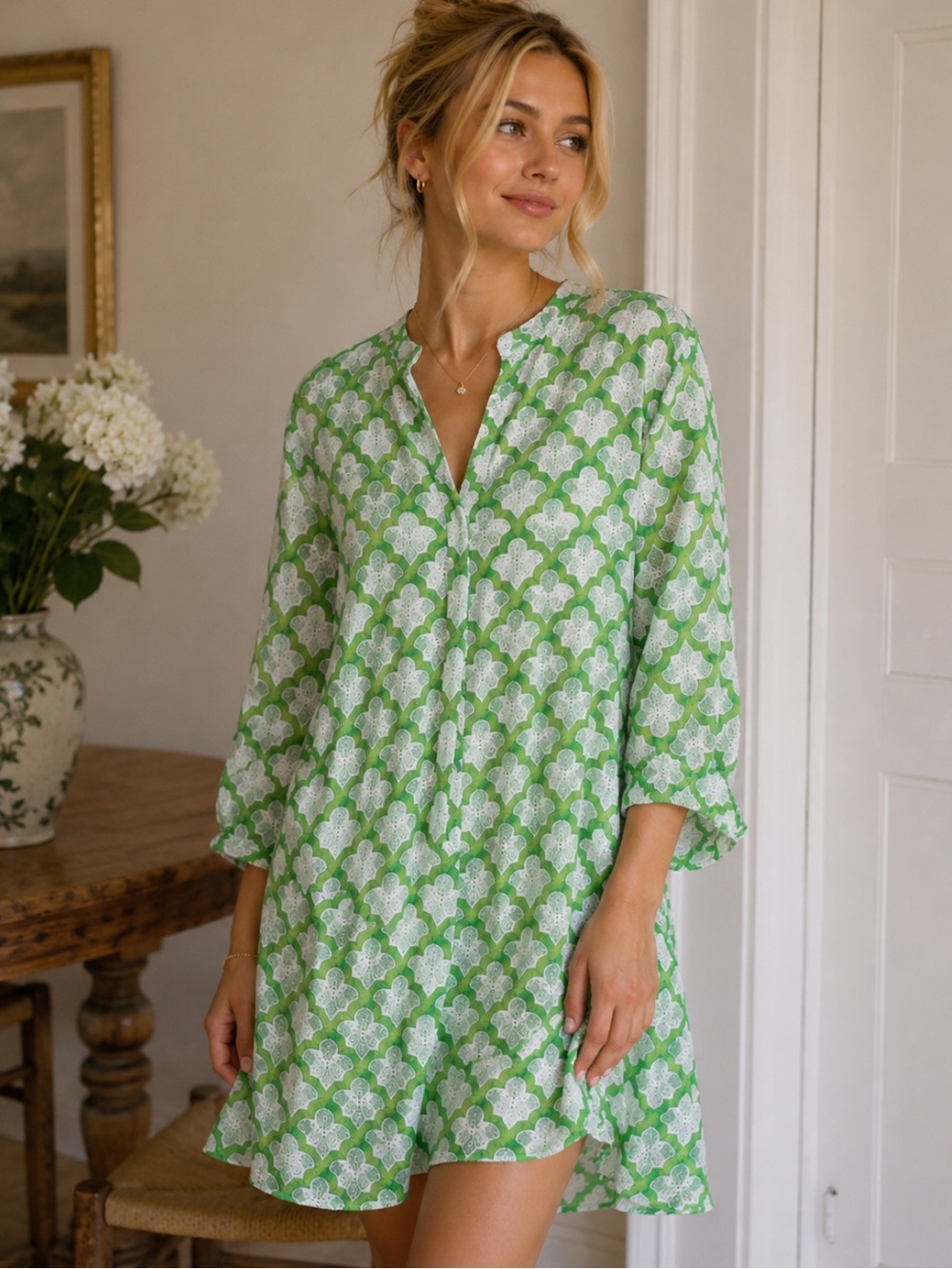 Roberta Roller Rabbit Women's Green & White Tunic Mini Dress 8167
